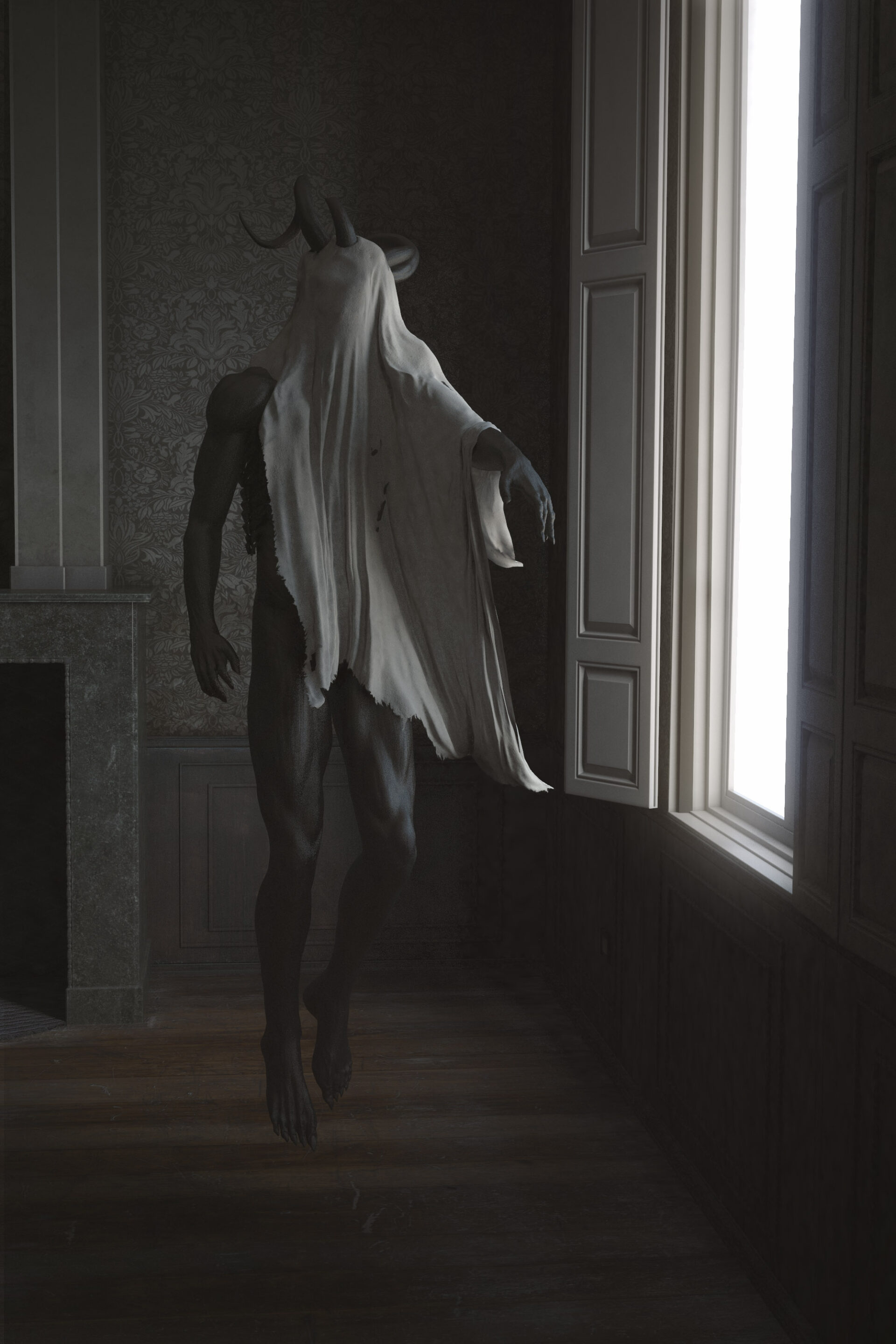 A Demon draped in white cloth stands near a window in a dimly lit room with ornate wallpaper.